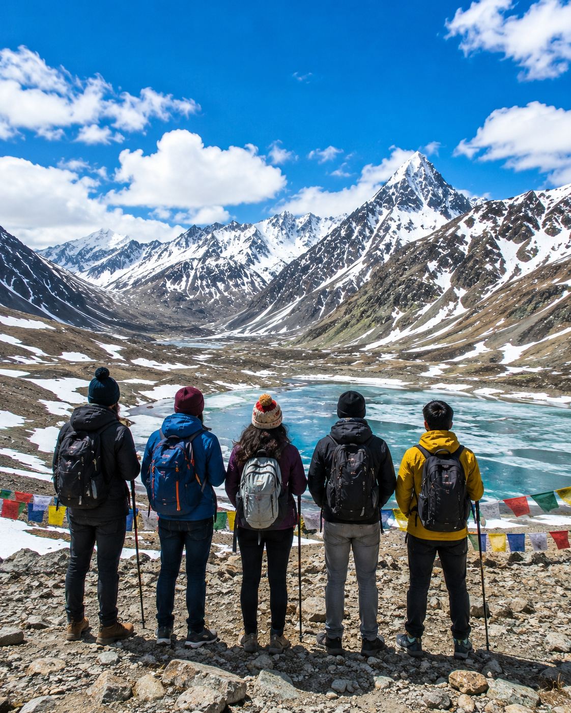 Tourists enjoying breathtaking views of snow-covered mountains and Suraj Tal Lake at Baralacha Pass on the Manali-Leh Highway